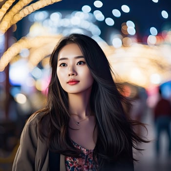 Woman Standing in Front of Carousel at Night. photo