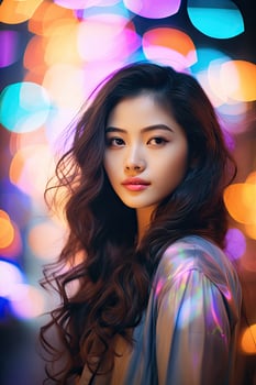 Woman With Long Hair in Front of Colorful Lights photo