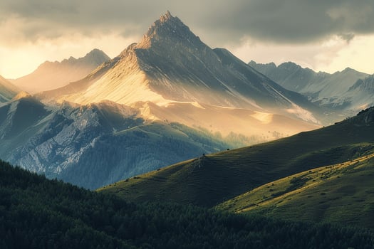 mountains and trees are shown in the sun background photo
