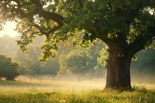 a large tree in a field with foggy trees background photo