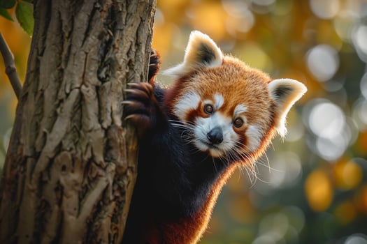 a red panda is climbing up a tree background photo