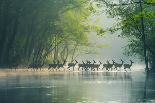 a herd of deer walking across a river background photo