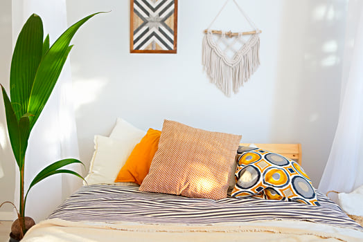 White and beige bedroom in boho style photo