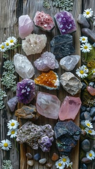 Healing crystals like amethyst, rose quartz, and obsidian on wooden surface. New age vertical banner photo