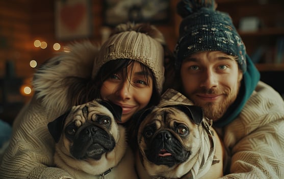 Winter's Cozy Embrace With Two Pugs By The Fireplace photo