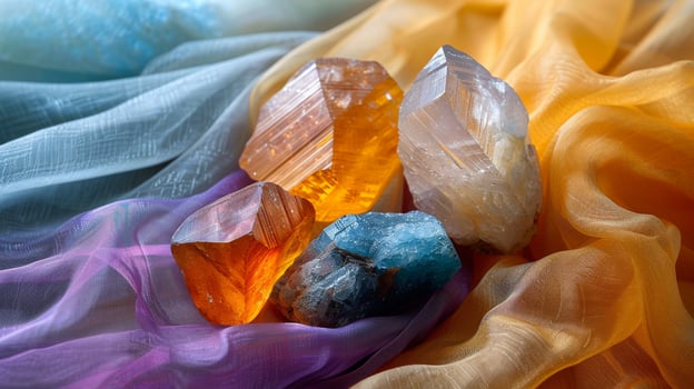 Various polished healing crystals like citrine, malachite, selenite on a silk cloth. New age banner photo