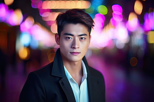 Man Standing in Front of Night Cityscape photo