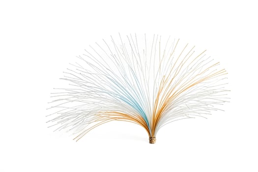 Abstract Fan Shaped Artwork with White, Blue, and Gold Lines photo