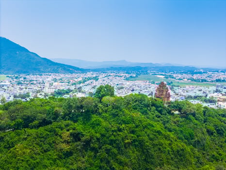 Aerial view of Nhan temple, tower is an artistic architectural work of Champa people in Tuy Hoa city, Phu Yen province, Vietnam photo