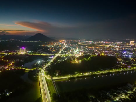 Aerial view of Nhan temple, tower is an artistic architectural work of Champa people in Tuy Hoa city, Phu Yen province, Vietnam. Night view. photo