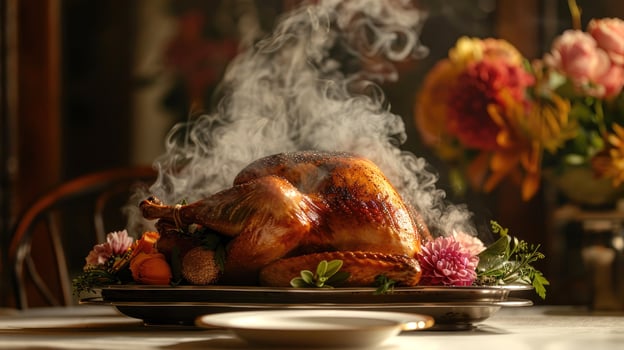 Delicious juicy homemade turkey, baked in the oven, on a plate on the table in honor of the Thanksgiving holiday. Culinary Symbol of a seasonal autumn holiday photo
