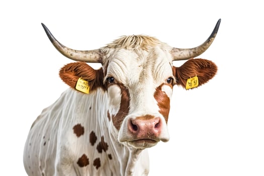 Close-up of a curious cow with brown and white spots and horns photo