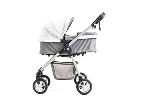Modern White Baby Stroller with Gray Canopy and Basket photo