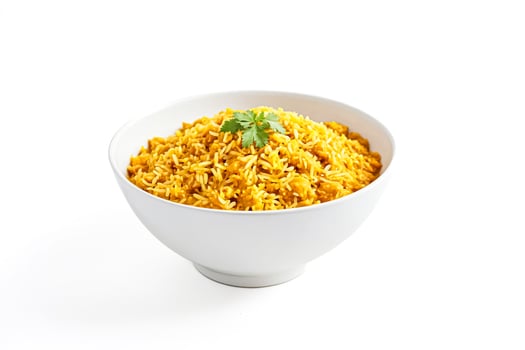 Close-up of a bowl of yellow rice with parsley photo