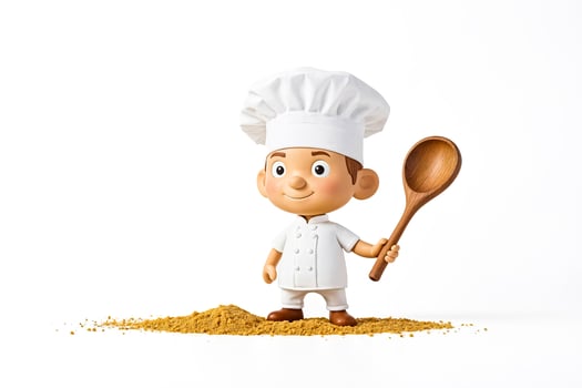 Cartoon Chef Holding Wooden Spoon Over Pile of Powder photo