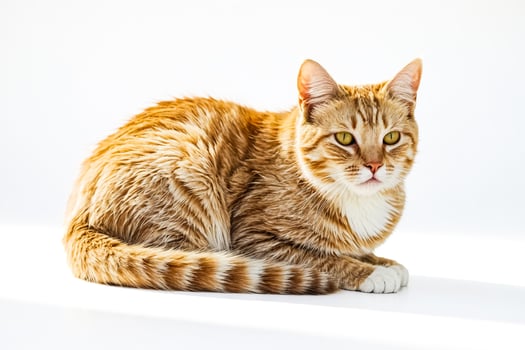 Ginger cat lying on white background photo