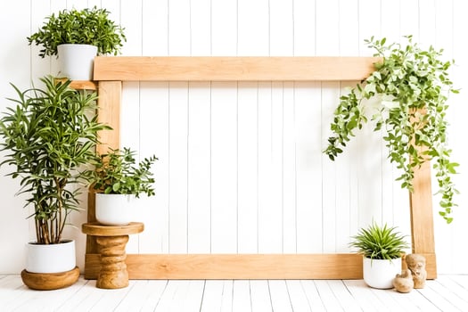 Wooden Frame with Plants and White Wall photo