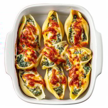 Golden-brown, cheesy stuffed shells in a white baking dish photo