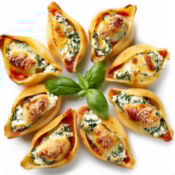 Golden brown shells filled with spinach, ricotta, and tomato sauce photo
