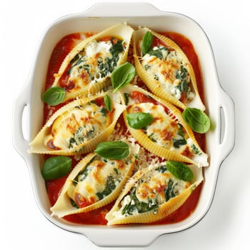 A white baking dish full of spinach and ricotta shells photo