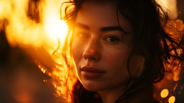 backlit dreamy young woman with wind blowing hair at golden hour sunset outdoors photo
