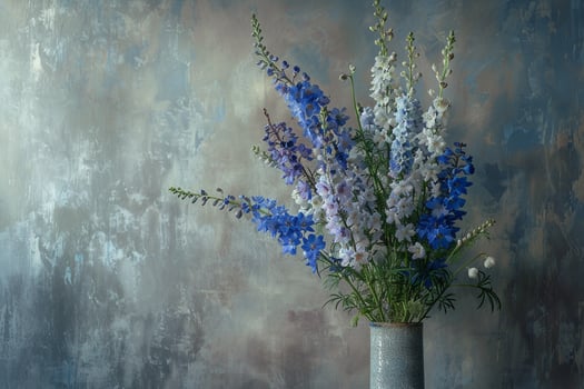 A vase with blue and purple flowers sitting on a table background photo