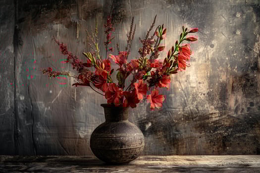 A vase with red flowers sitting on a table background photo