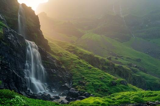 A Waterfall is Shown in the Mountains with Green Grass Background photo