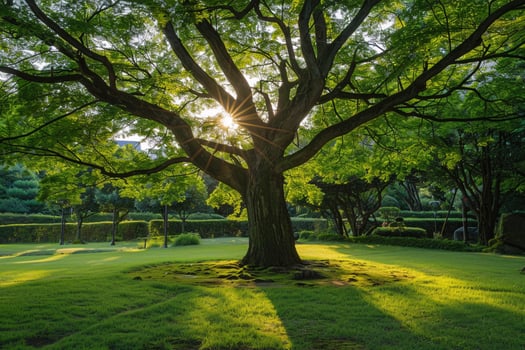 a large tree in a park with the sun shining through the leaves background photo