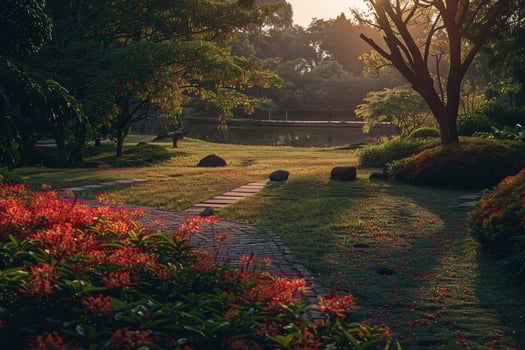 a path in a park with red flowers background photo
