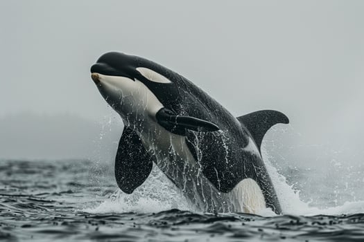 An orca whale jumping out of the water with background photo