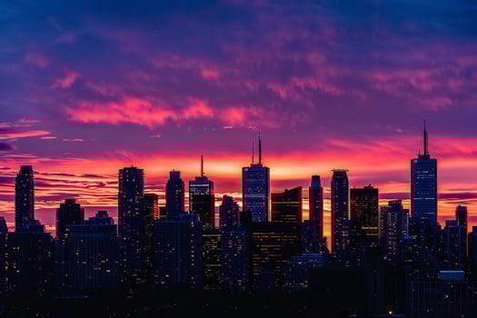 A City Skyline at Sunset with a Scenic Background photo