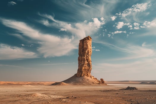 A Tall Rock in the Desert with a Blue Sky and a Scenic Background photo