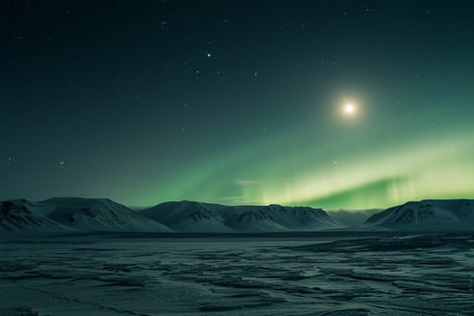 a large green aurora borealis over a snowy field background photo