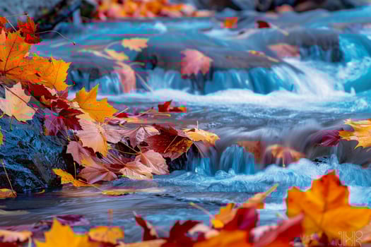 a stream of water flowing over rocks with colorful leaves background photo