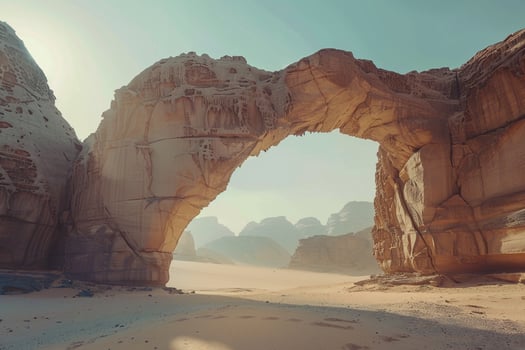 a large arch in the desert with rocks and sand background photo