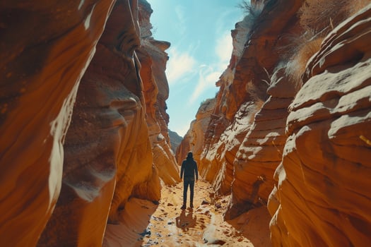 a person walking through a narrow canyon background photo