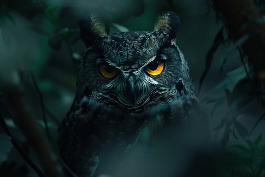 an owl with yellow eyes in the dark background photo