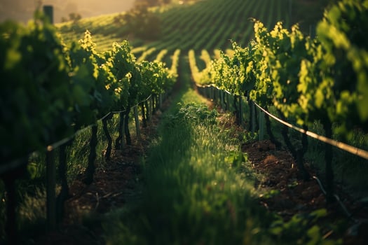 a vineyard with rows of green grapes background photo