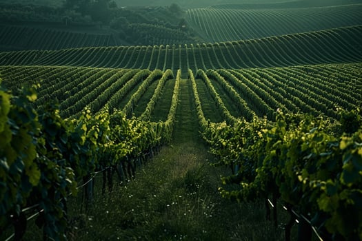 a vineyard field with rows of green vines background photo
