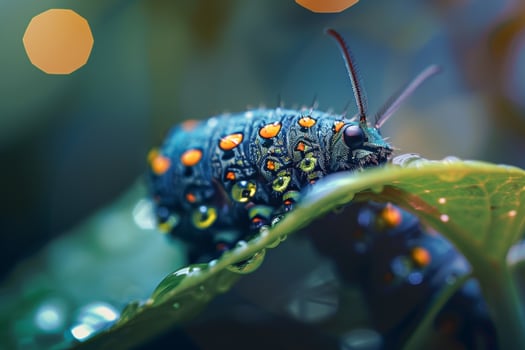 A detailed view of a caterpillar on a leaf with background photo