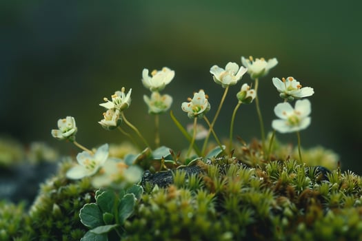 Small white flowers growing on moss with background photo