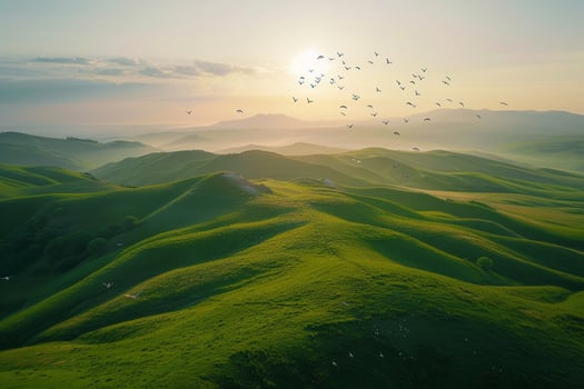 a beautiful view of a green hill with birds flying over it background photo