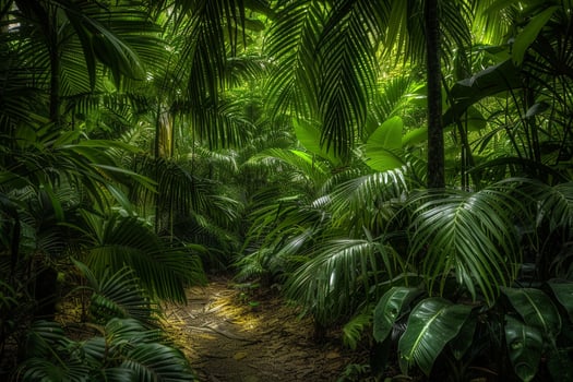 a path through a jungle with lots of green plants background photo