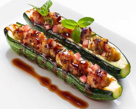 two stuffed zucchini boats with sauce and garnish background photo