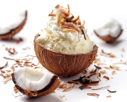 a coconut with ice cream and coconut flakes background photo