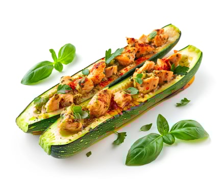 two stuffed zucchini boats with chicken and herbs background photo