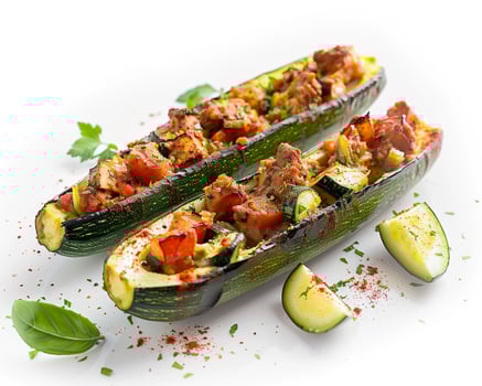 two stuffed zucchini boats with meat and vegetables background photo