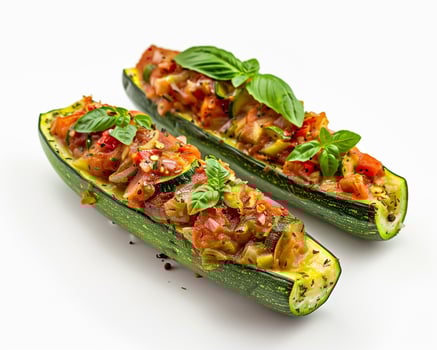 two stuffed zucchini boats with tomato and basil background photo