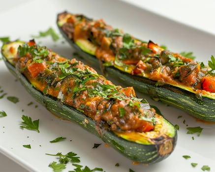 two stuffed zucchini boats on a white plate background photo